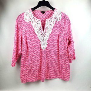 TALBOTS Plus Womens Blouse Top Embroidered Neckline V-Neck Pink White Size 2X